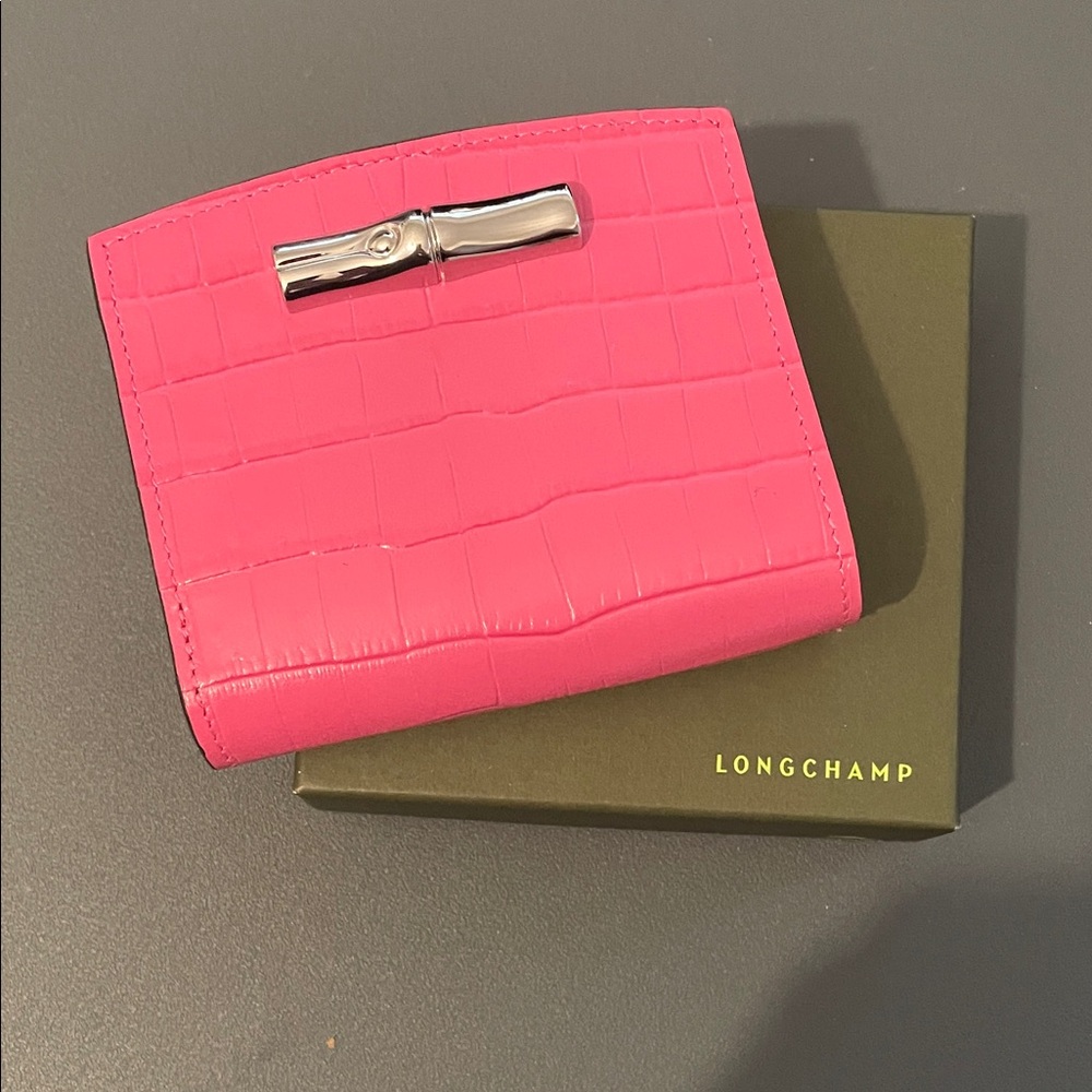 Longchamp Pink Croc-Embossed Compact Wallet with Silver Hardware